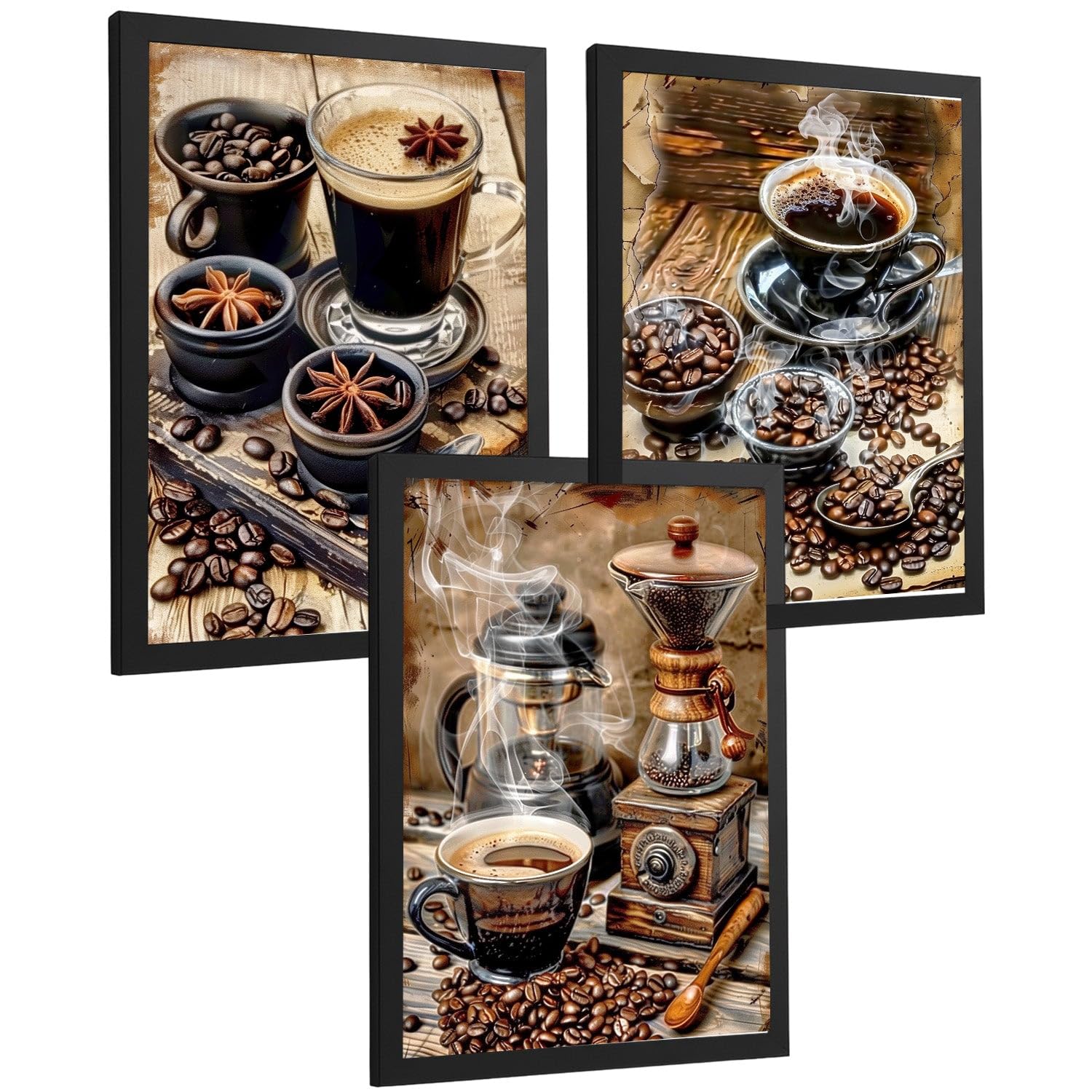 Nacnic Set De 3 Cuadros De Cafe. Laminas Decorativas Pared Cocina. Poster De Cafe Rustico. Laminas Decorativas Pared Para La Despensa Y La Panadería. Tamaño A3 Marco Negro