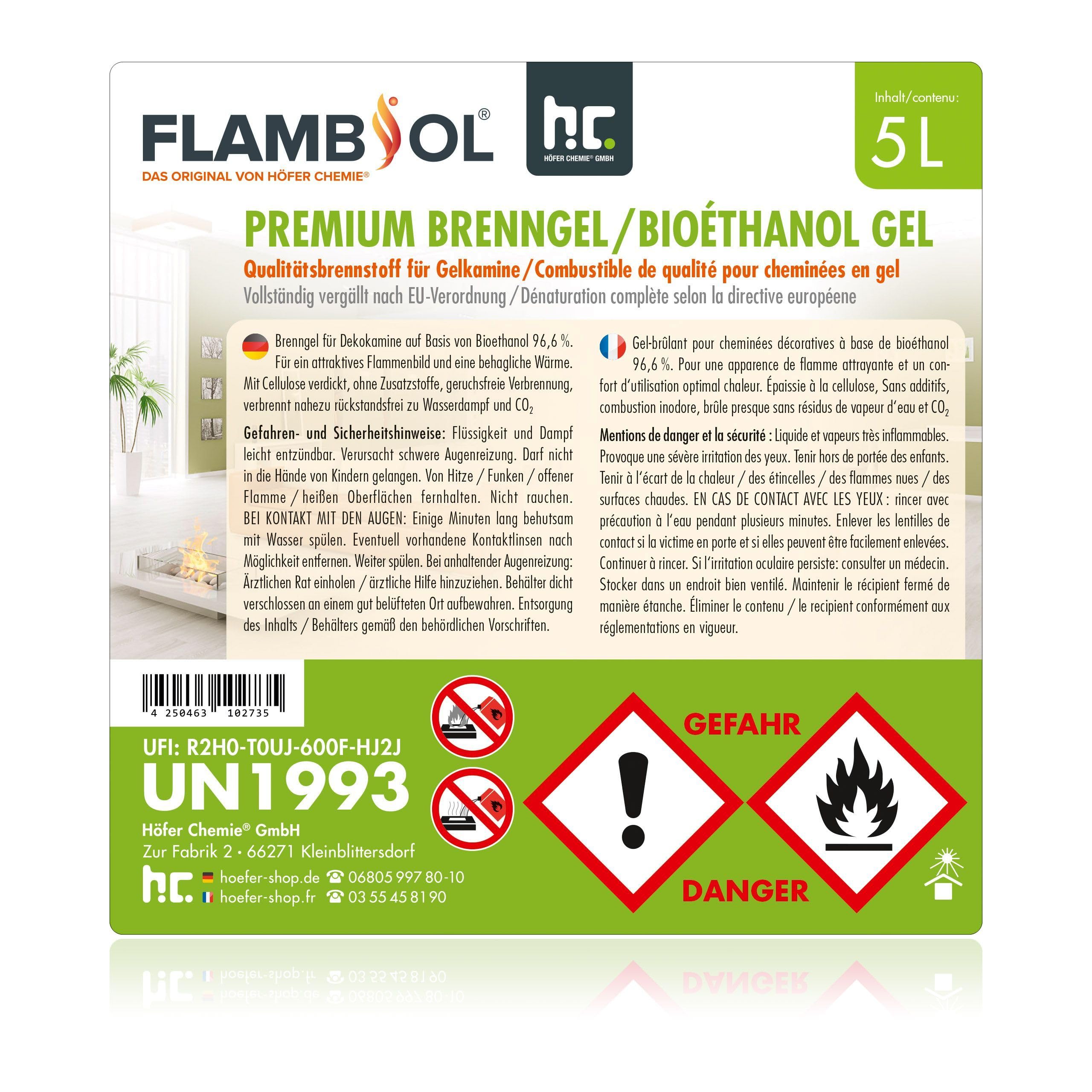 Flambiol Bioéthanol Premium en Gel (12 x 5 L) - Longue Durée