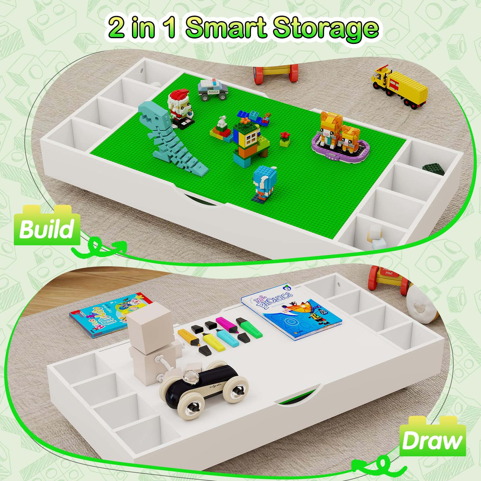 Kids’ Table for Toy Building Set, 2 in 1 Toddler Activity Construction Play Wooden Table with Storage and Wheels for Lego, Building Bricks Block, Store Under Bed or Sofas