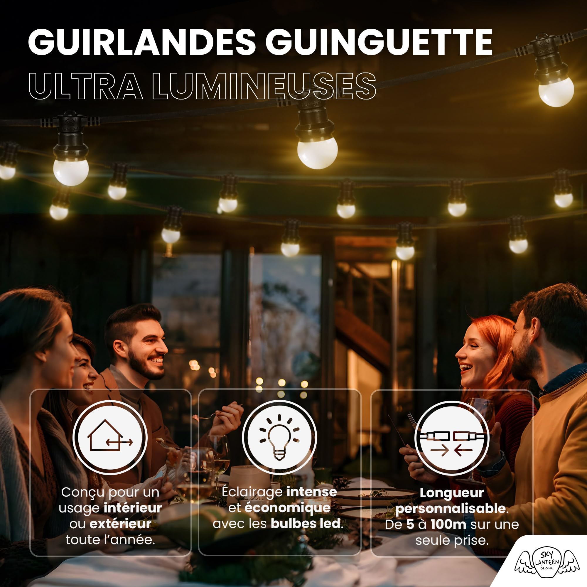 SKYLANTERN Guirnalda Luces Exterior 20M 60 Bombillas LED E27 Blanco Cálido 2800K IP65 Impermeable Bulbos Redondos Para Jardín Terraza Bodas