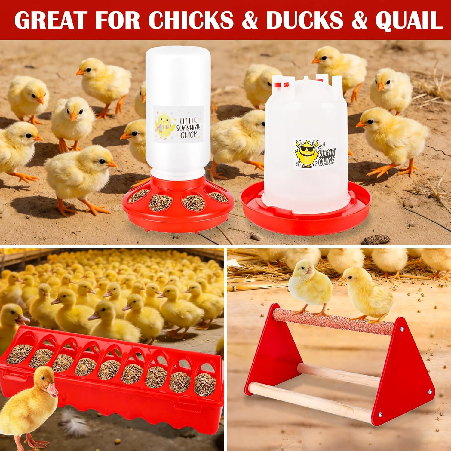 Chicken Feeder and Waterer Set with Chick Perch, Cool Baby Chick Feeder and Waterer Set, Baby Chicken Supplies for Small Poultry Chicks Ducks Quail Pigeons Birds(RED)