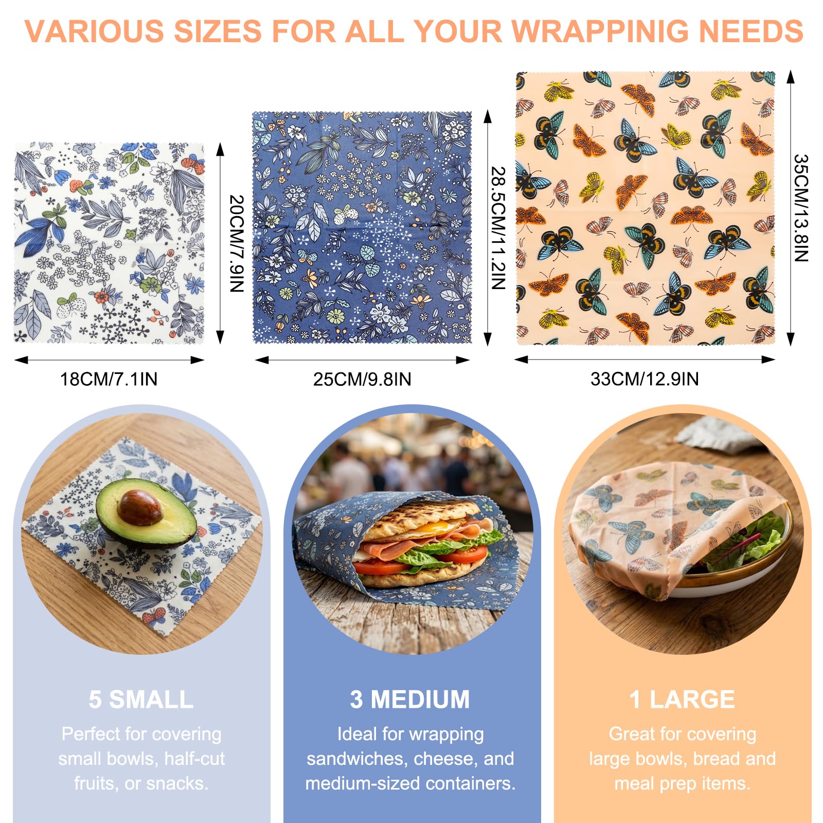 9 Piezas Tela Encerada para Alimentos, Envoltorio Cera de Abeja Reutilizable, Papel Cera de Abeja para Alimentos, Film Ecológico sin Plástico para Pan Sandwich Cocina — view 2