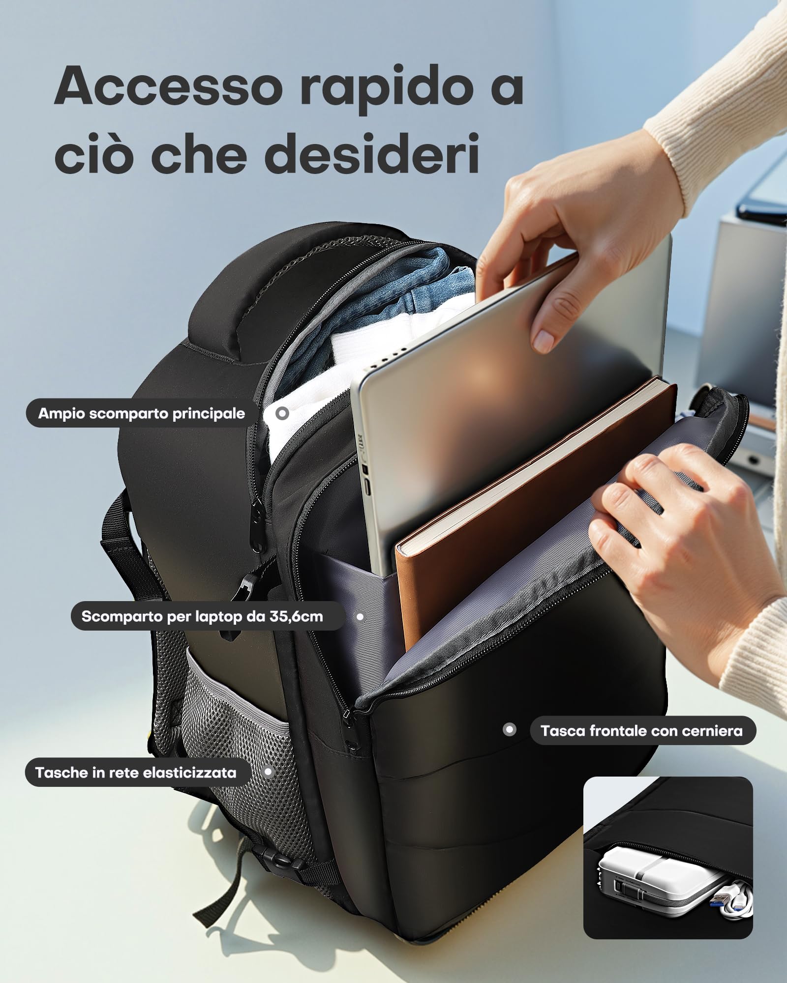 HOTOR Zaino Ryanair 40x20x25 - Zaino da Viaggio Porta PC di Grande Capacità, Multi-Tasca, Bagaglio a Mano Compatibile Ryanair per Uomo e Donna, per Pendolarismo, Viaggi in Aereo e Trekking, Nero