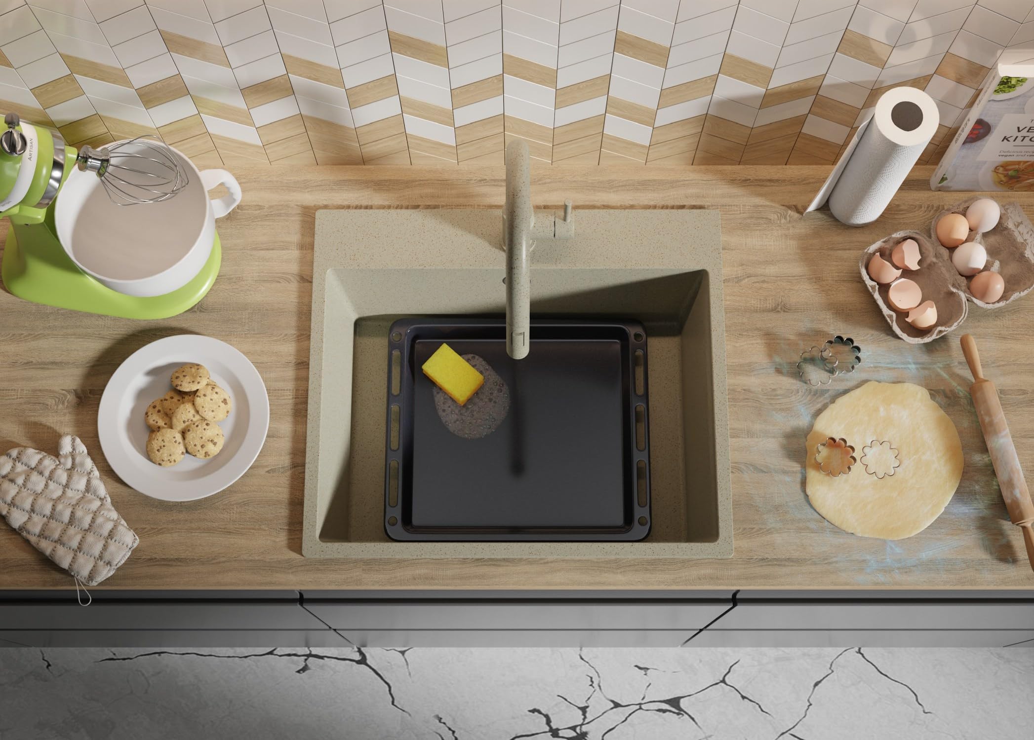 PRIMAGRAN Evier Cuisine en Granit Beige 58x50cm, Lavabo 1 bac + Kit de Vidage, Évier à Encastrer au Meuble 60cm - Riga S310