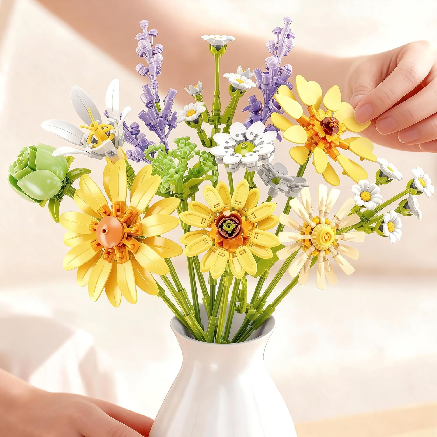 Sunflower Building Blocks Set, Gift for Girls & Women, Flower Bouquet, Roses Chamomile Daisies Gerberas & More, Spring Decor, Romantic Home Room Office Table Decor