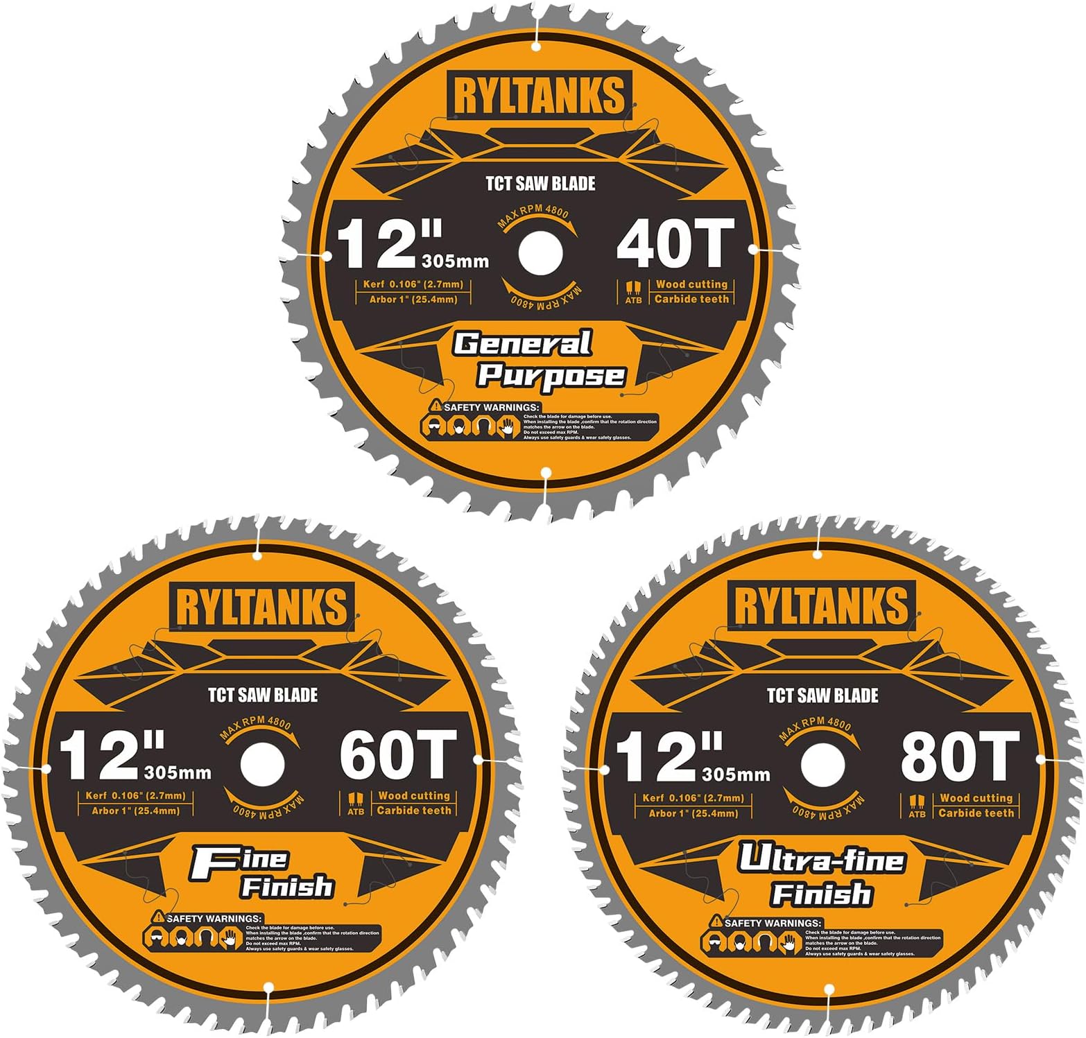 12 Inch Miter Saw Blade, 1" Arbor, 40T for General Purpose&60T for Fine Finish&80T for Ultra Fine Finish Wood Cutting, 3-Pack