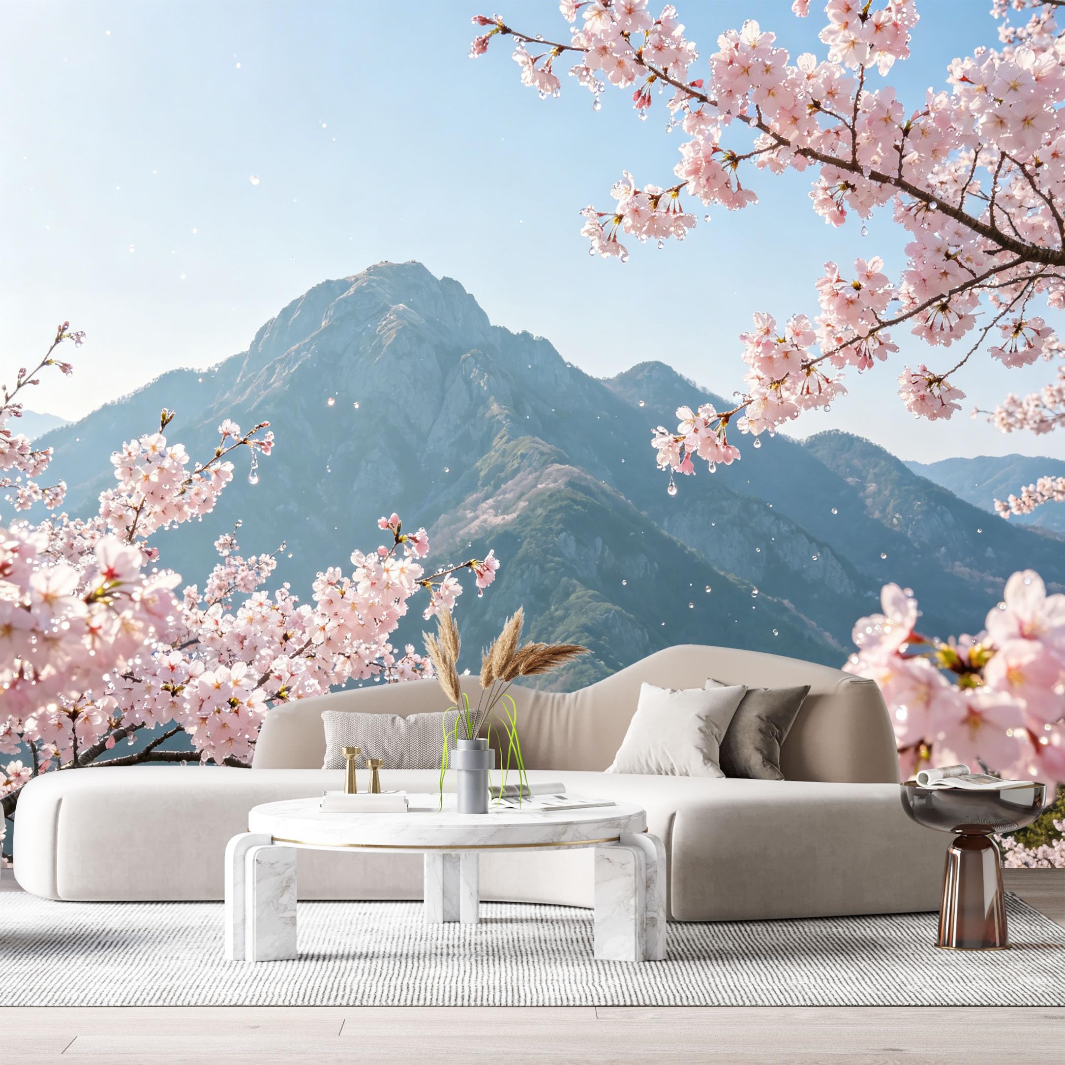 Custom Size Wall Murals Pink Cherry Blossom Mountain Landscape Botanical Watercolor SelfAdhesive Wall Fabric Removable Large Wallpaper for Photo Living Room