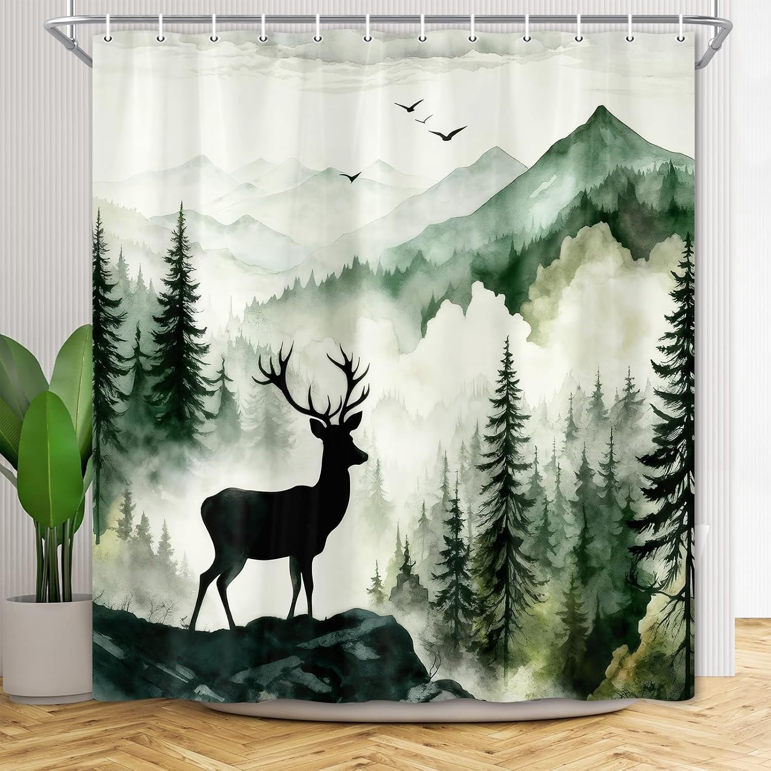 Green Forest Deer Shower Curtain, Misty Pine Woodland Nature Mountain Shower Curtains for Bathroom Decor, Rustic Cabin Waterproof Polyester Fabric Bath Curtain Set, 72x72 Inch with Hooks