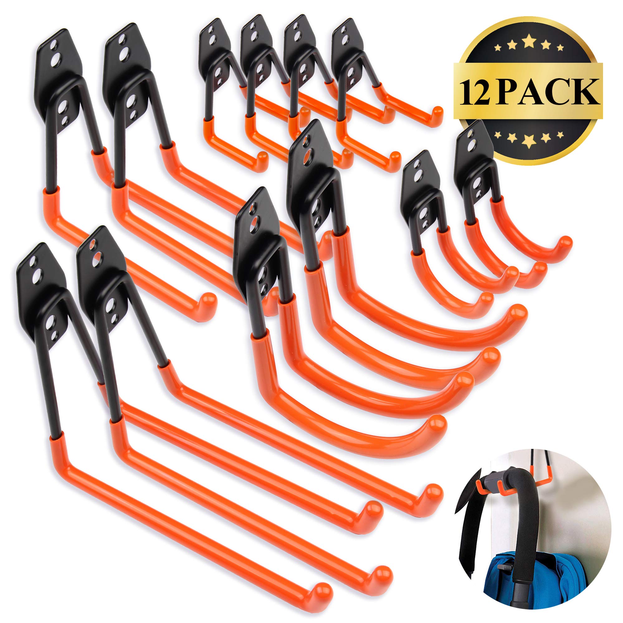 Garage Hooks Garage Hangers, Steel Utility Hooks, Easy to Install Garage Storage Hooks, Wall Hooks Heavy Duty for Organizing Large Power Tools, Anti Slip Design, Assorted Pack of 12