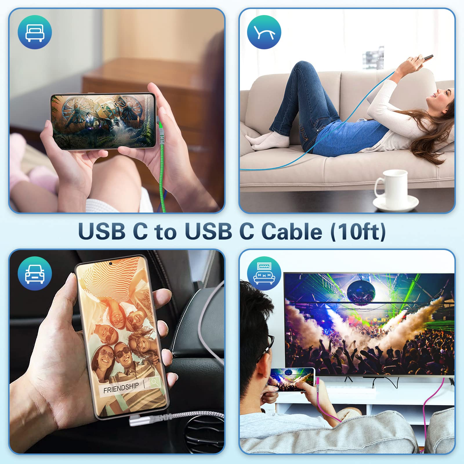 Confezione da 5: cavo da USB C a USB C, 3 m, extra lungo, ad angolo retto, 60 W/3 A, da tipo C a tipo C, cavo di ricarica veloce compatibile con Samsung S22 Ultra, Google Pixel 6, iPad Pro 12.9 Air