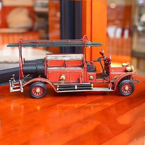 Gran camión de bomberos antiguo, modelo vintage de camión de bomberos, adornos de metal fundido a troquel para escritorio, bar, hogar, estatua