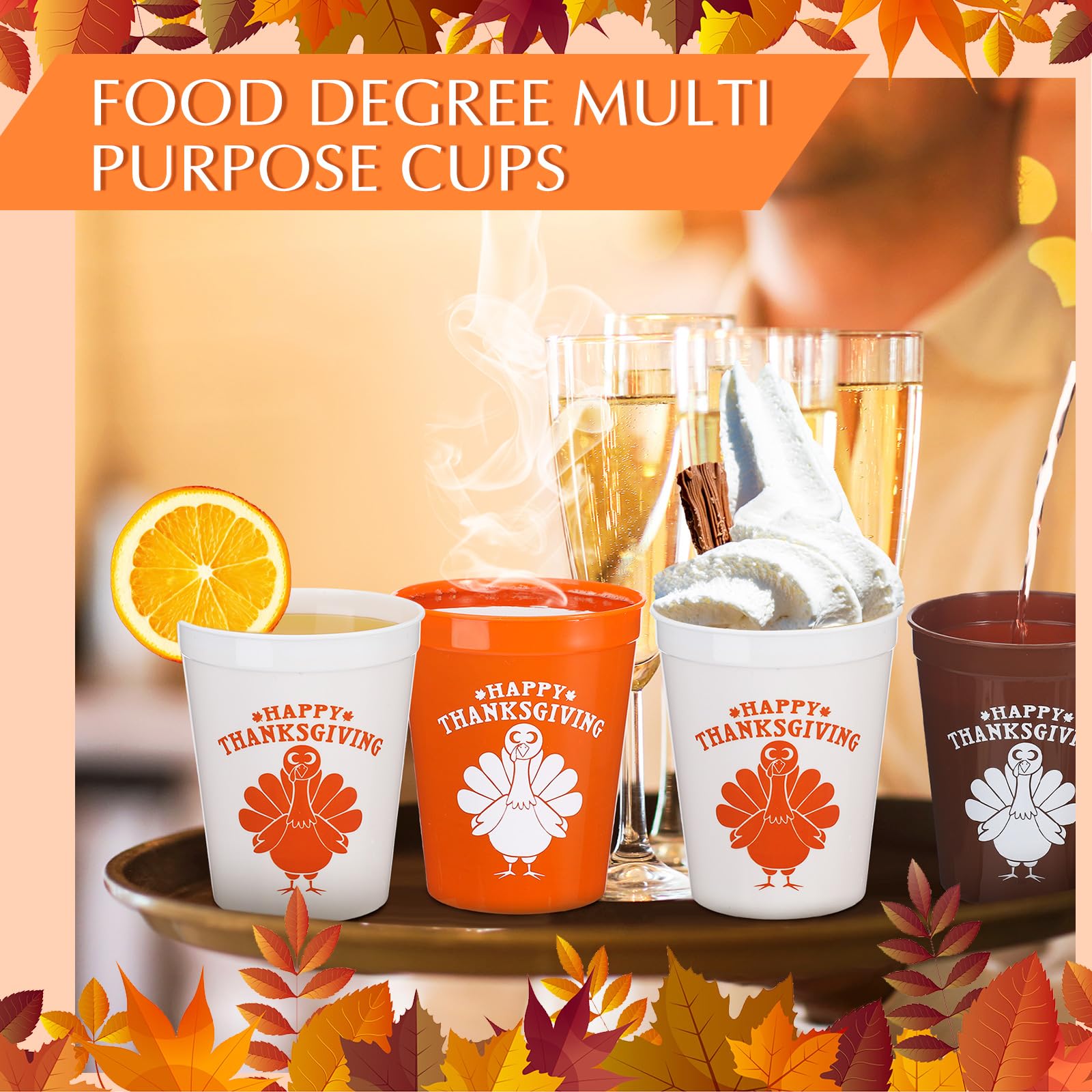 Tioncy 60 Stück Thanksgiving-Partybecher, orange-weiß, Kaffee, Truthahn, Kunststoff, wiederverwendbar, 340 ml, Becher für Thanksgiving, Abendessen, Geburtstag, Party, Zubehör, Trinkgeschirr, Bier,