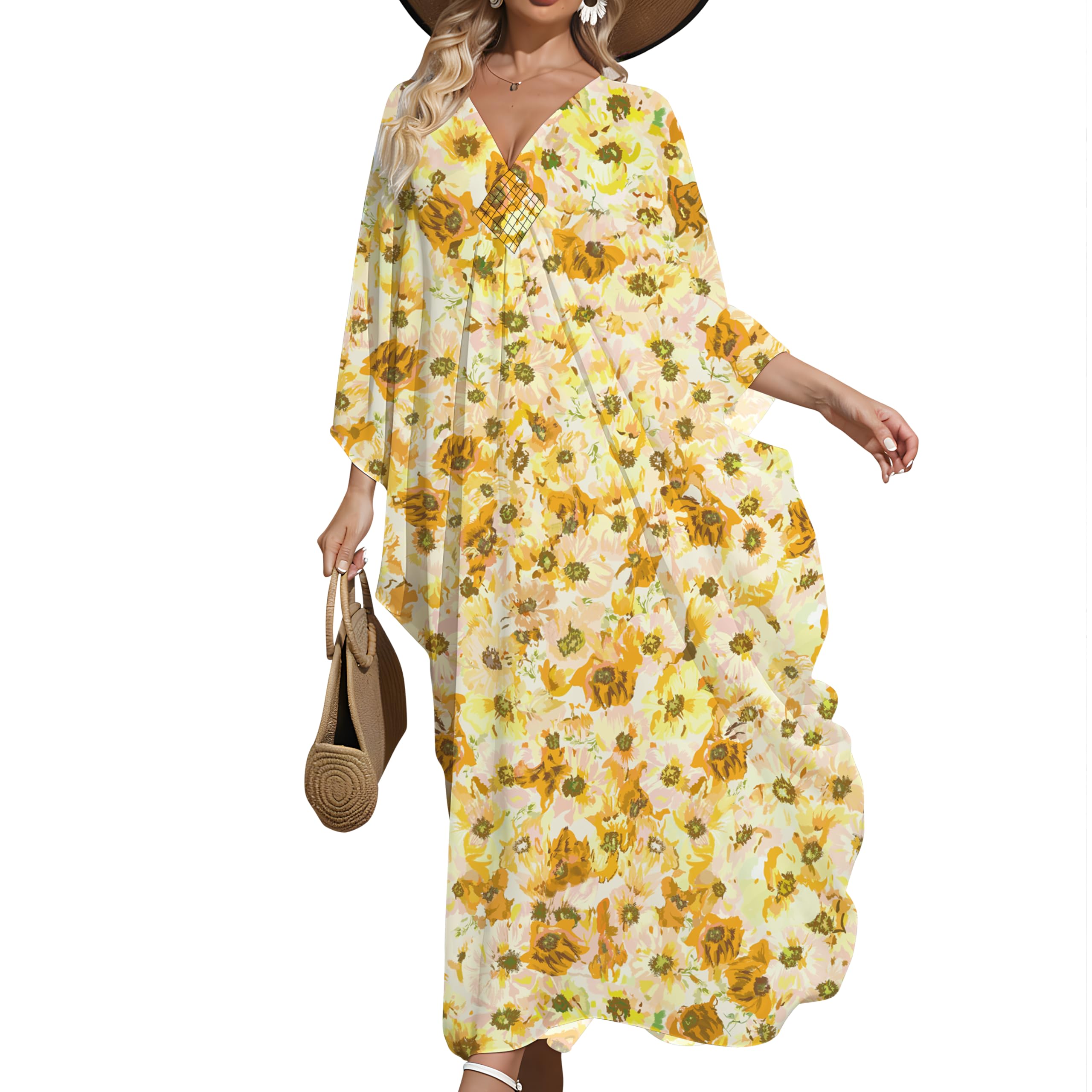 Kaftan Dresses Colorful Floral Print Cover Ups Maxi Beach Cover Ups V Neck Batwing Sleeve for Women Swimwear