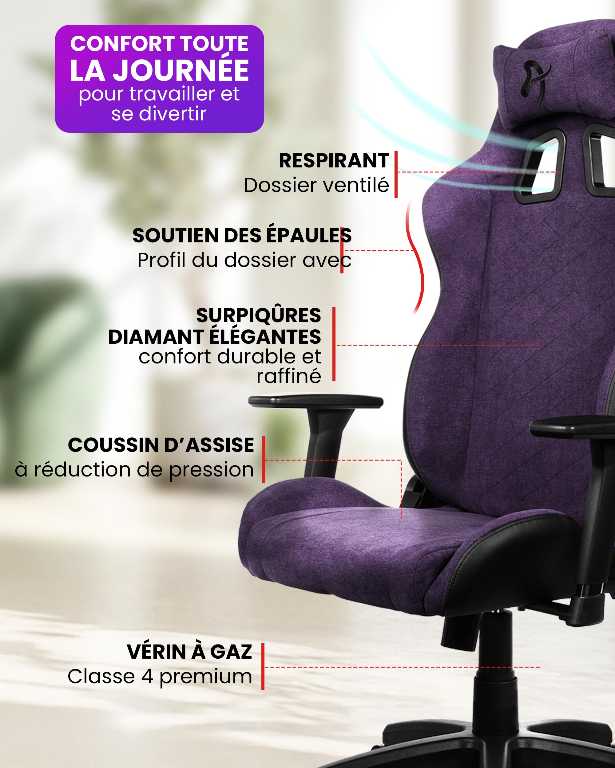 Arozzi Avanti Chaise Gaming Tissu Doux Violet | ergonomique, réglable en hauteur, dossier & accoudoirs, coussin de tête, design suédois, télétravail