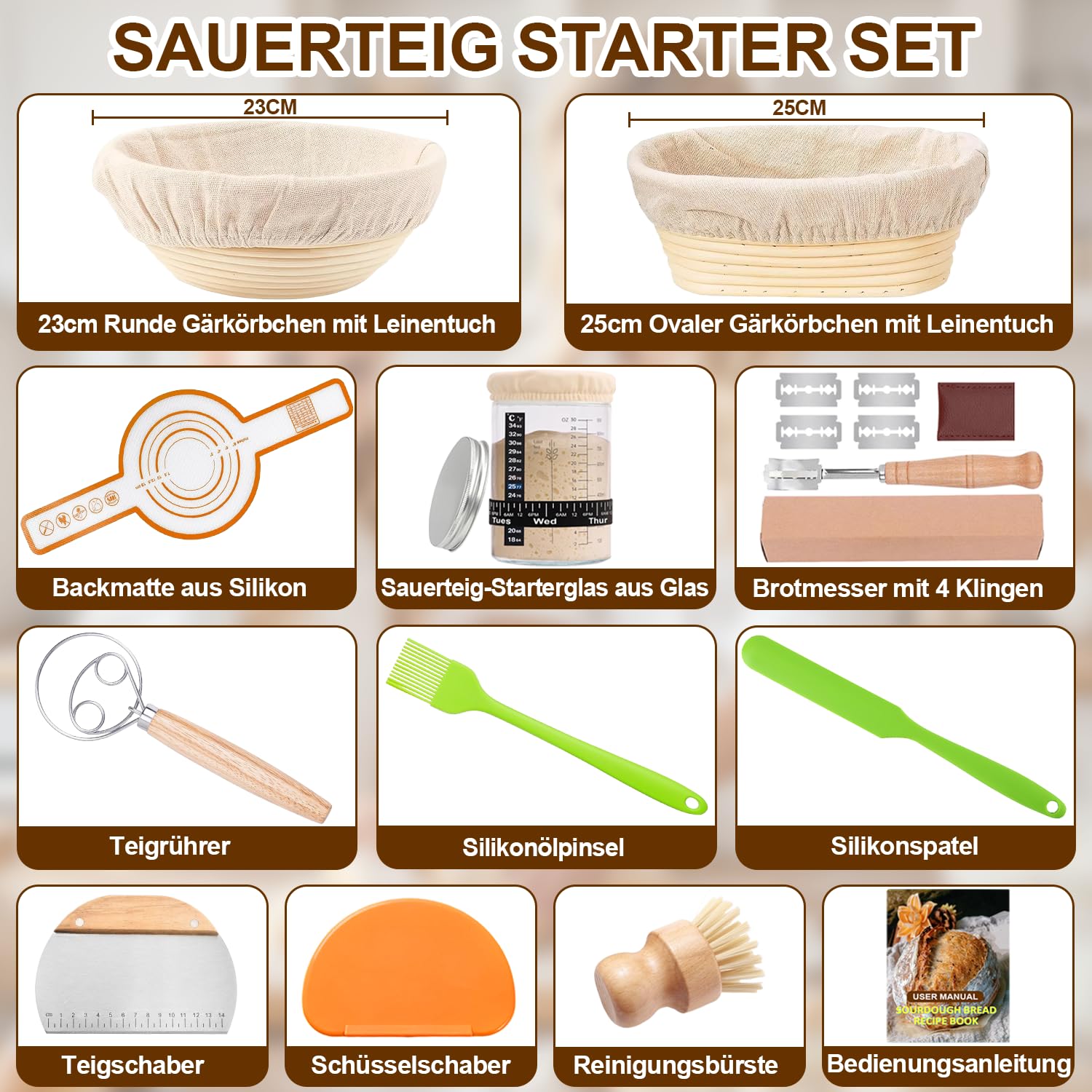 21-Teiliges Sauerteig Starter Set mit 2 Gärkörbchen (23cm Runde & 25cm Ovale), 900ml Glasgefäß zur Sauerteiggärung, Komplettes Brot Backen Zubehör für Einsteiger & Erfahrener Bäcker