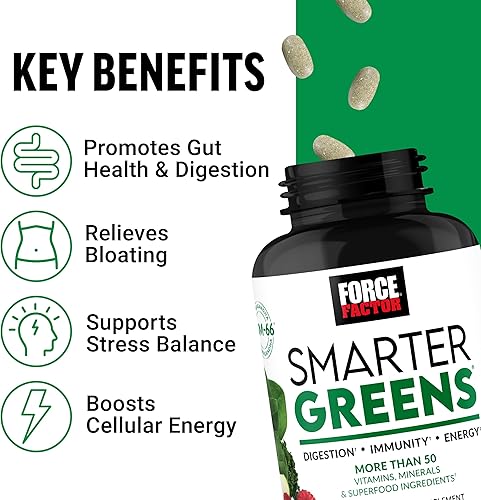 Miniatura 2 de FORCE FACTOR Smarter Greens Tabletas, suplemento de verduras con más de 25 superalimentos y antioxidantes para mejorar la digestión, reducir el