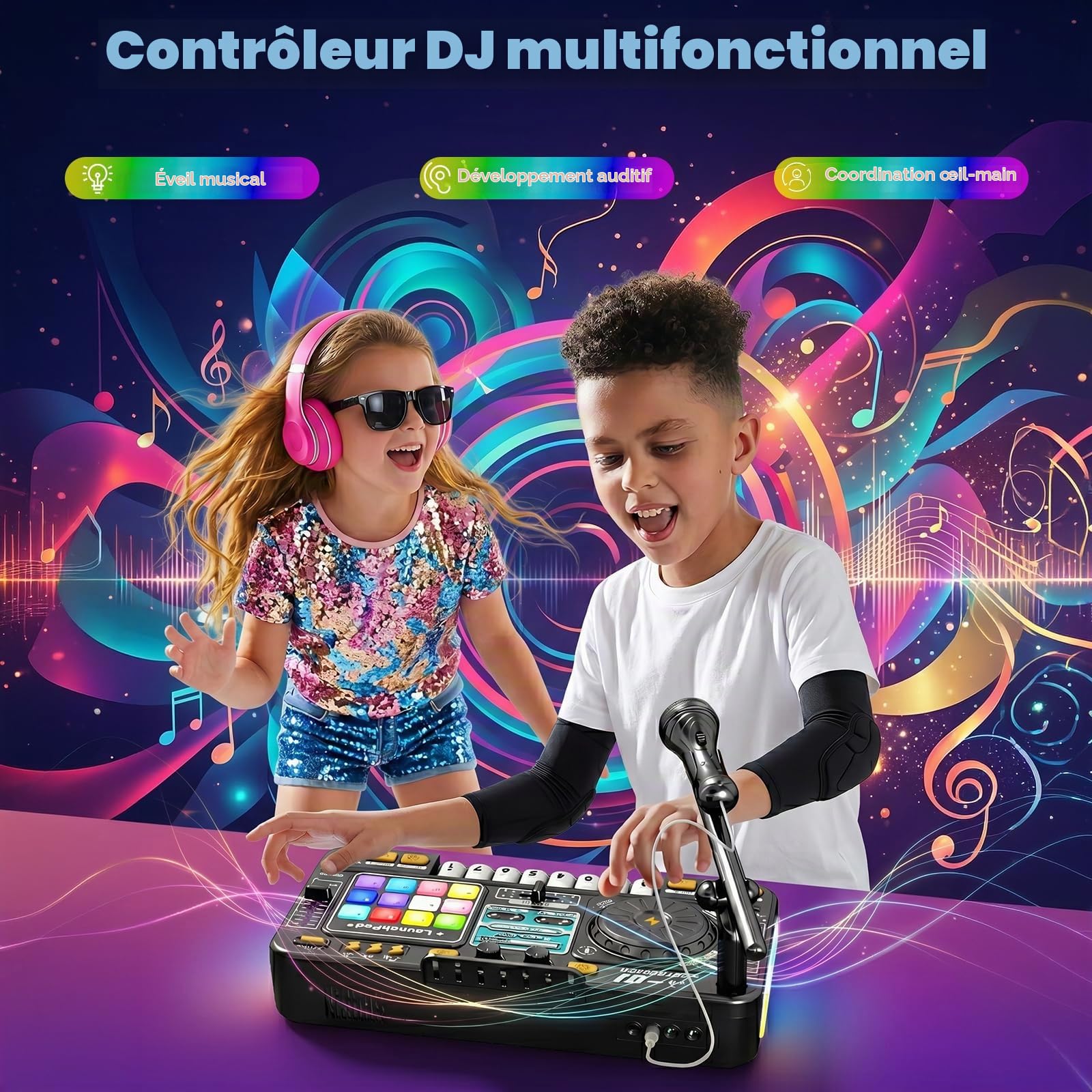 Table de mixage DJ multifonctionnelle pour enfants, avec microphone, plus de 100 effets sonores, batterie, contrôleur d'apprentissage de la musique interactif avec effets lumineux pour enfants de 3 à