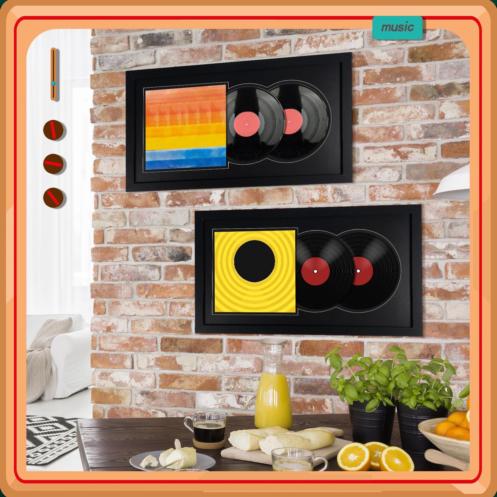 Kritkin Confezione da 2 cornici per foto doppie con blocco di visualizzazione, 30,5 cm, in vinile, doppio disco, jukebox, decorazione per la casa, regali per gli amanti dei dischi
