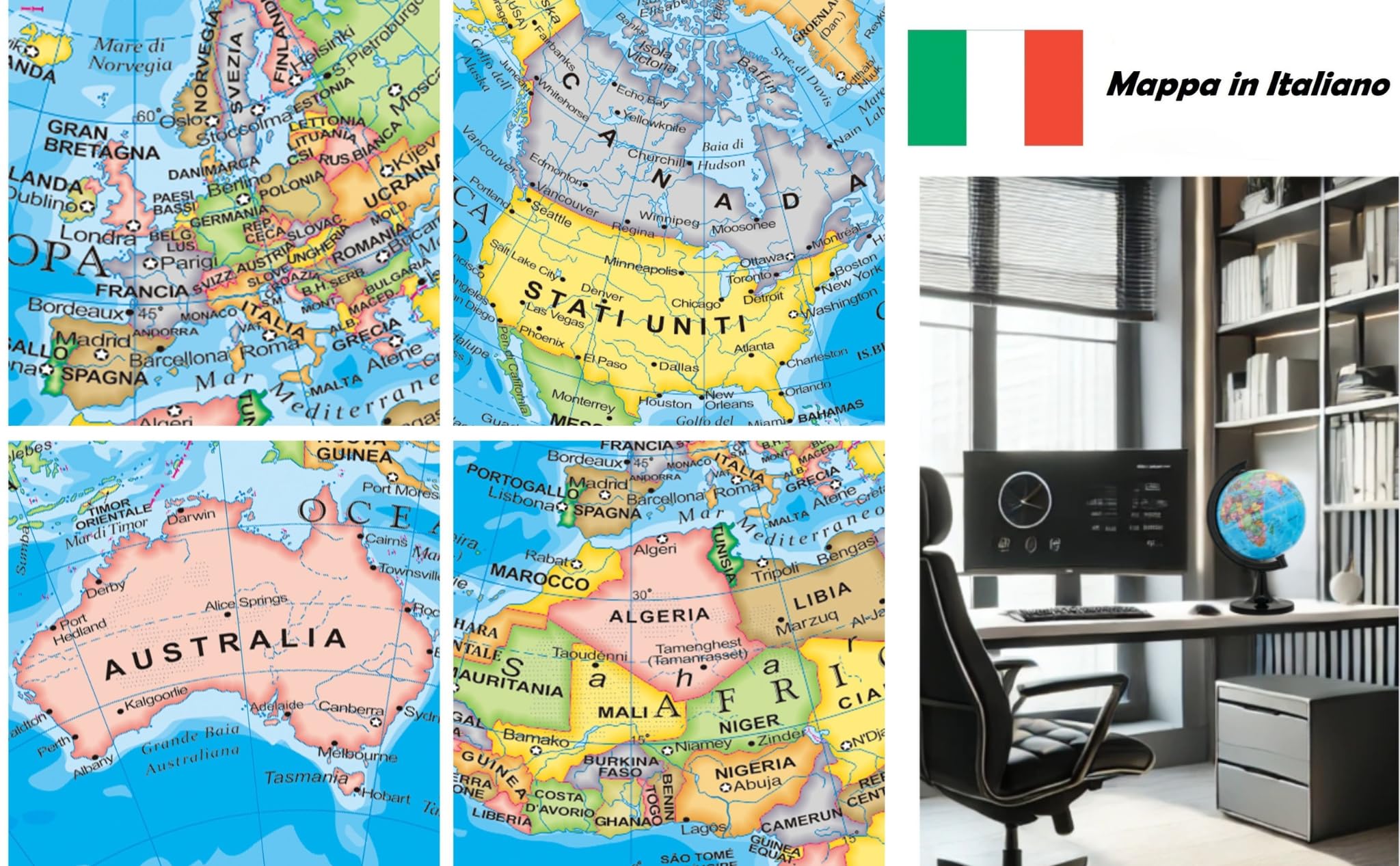 Mappamondo 14 cm Mappa Italiana Base Nera Exerz