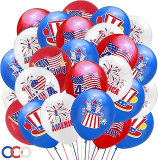 Lucleag 36 Pcs 12 Inch 4th of July Balloons, Patriotic Red White Blue Latex Balloons Independence Day Decor with Ribbons for 4th of July Party Favors Patriotic Independence Day Home Party Decor