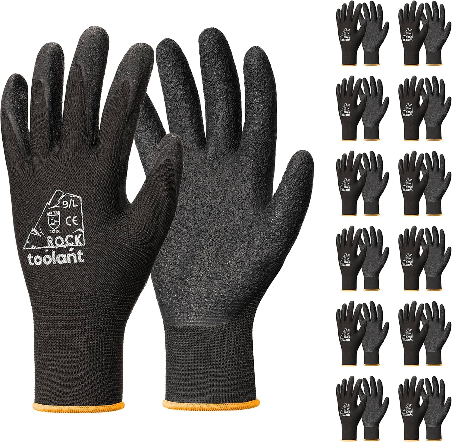 toolant Lot de 12 paires de gants de travail en latex craquelé avec revêtement en caoutchouc résistant à l'abrasion pour la construction, l'aménagement paysager, l'entrepôt, noir, taille L
