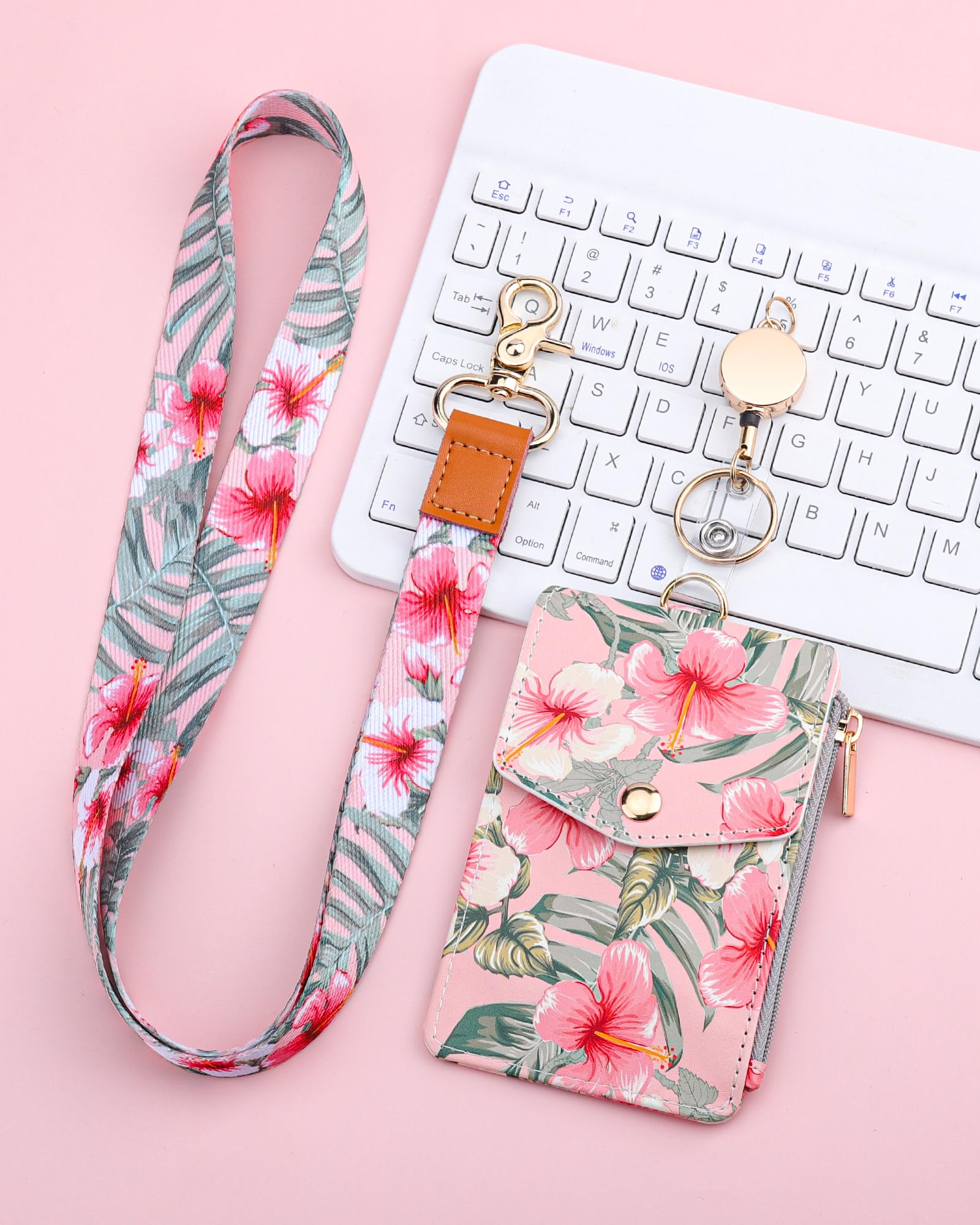 Teskyer Retractable Lanyard With Card Holder, Badge Holder With Zipper Pocket Holds 4 Cards With Clear Window Pu Leather Vertical White Lily