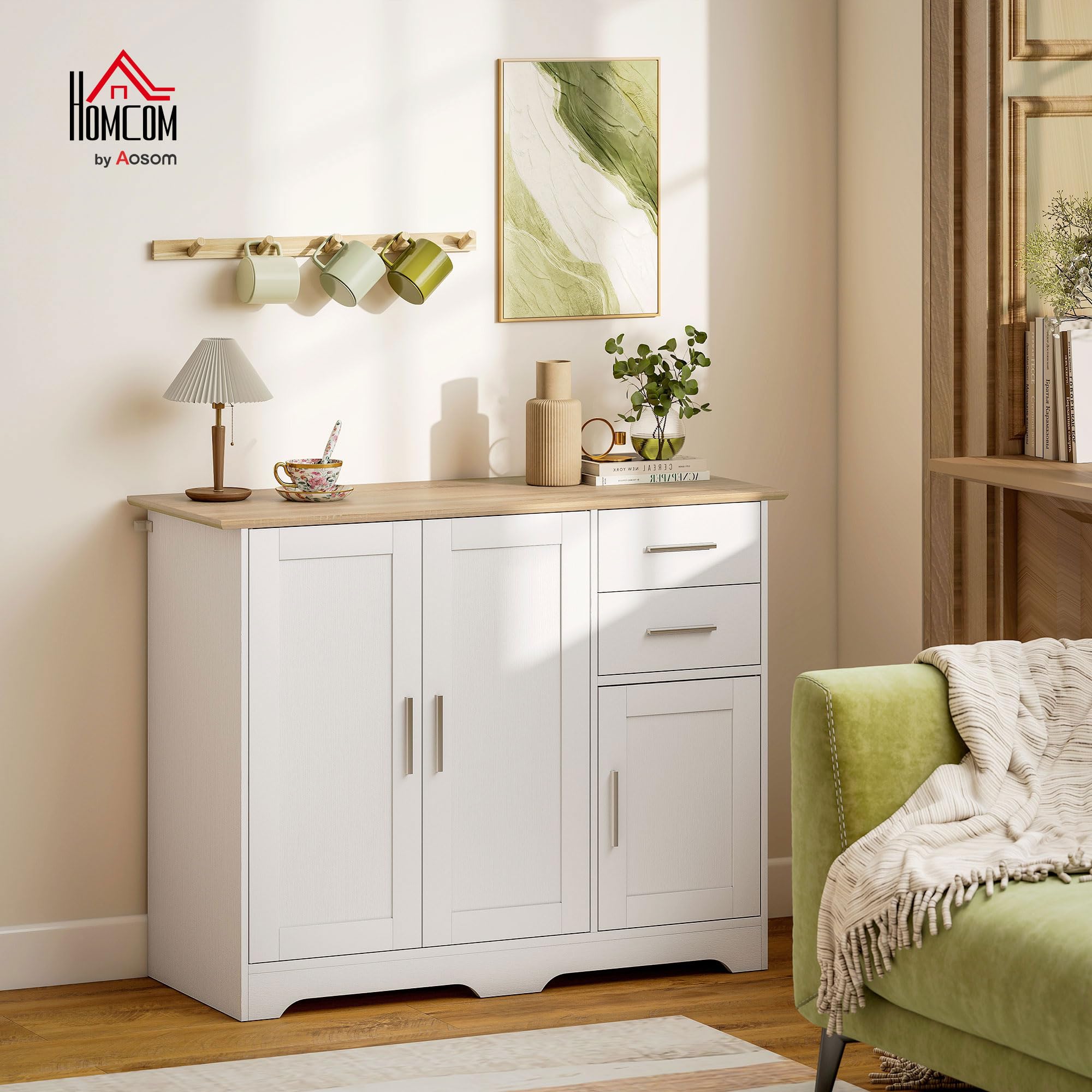 HOMCOM Credenza Cucina, Mobile Cucina con 2 Cassetti e 2 Armadietti, Credenza Buffet con Ripiani Regolabili, 3 Ante, Stile Moderno, per Soggiorno, Sala da Pranzo, 100x40x78 cm, Bianco e Color Legno