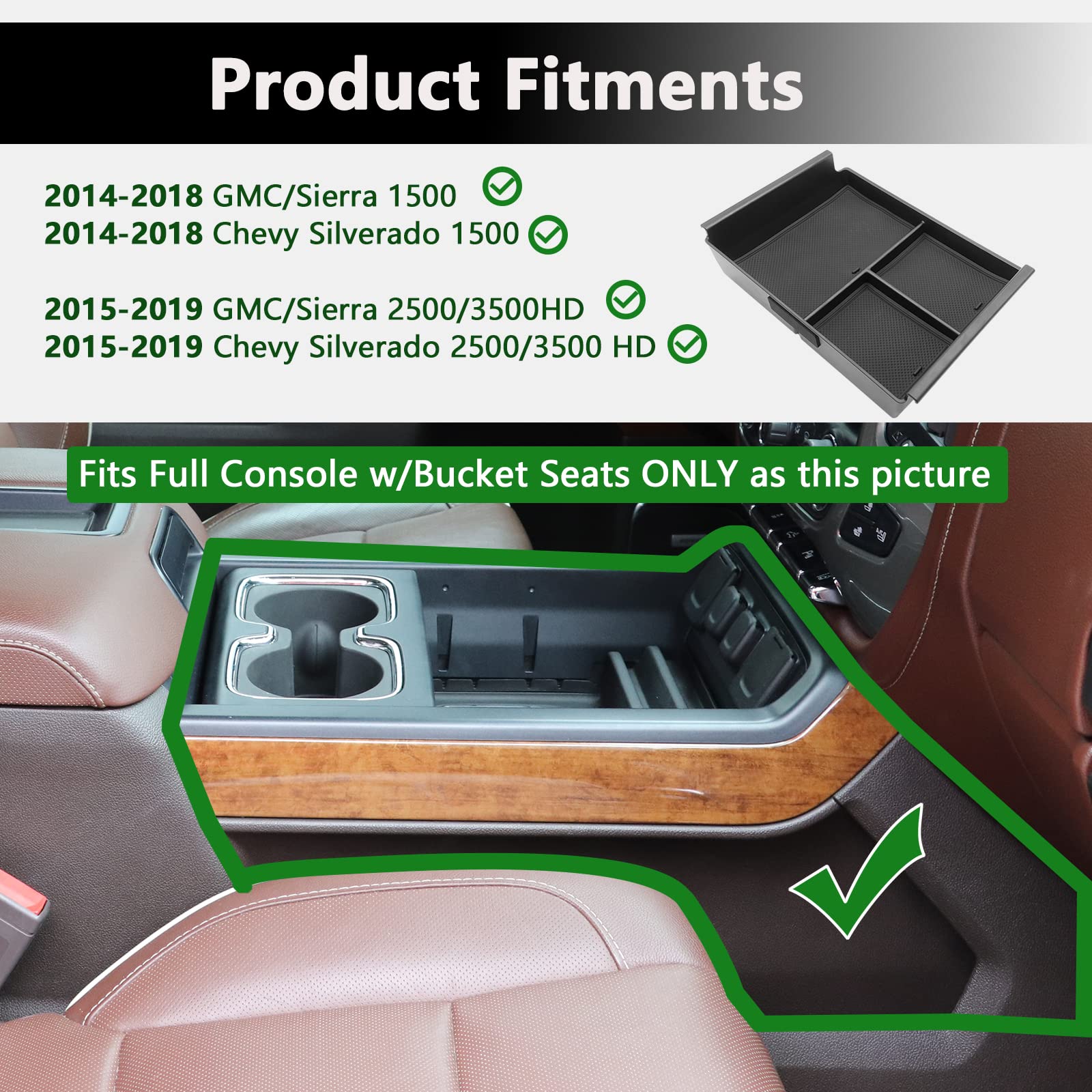 DNA Motoring Console Storage Box / Armrest Organizer Tray For 2014-2018 Silverado/Sierra – Black ABS, Direct Fit