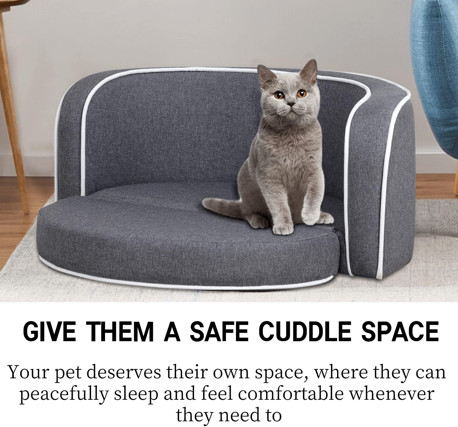 Pet Dog Cat Sofa Couch, 30" Wooden Linen Orthopedic Dog Bed with Thick Grade Memory Foam Washable & Removable Cover, 125 LBS Weight Capacity, Deluxe Pet Couch for Small, Medium and Large Dogs Cats : Pet Supplies