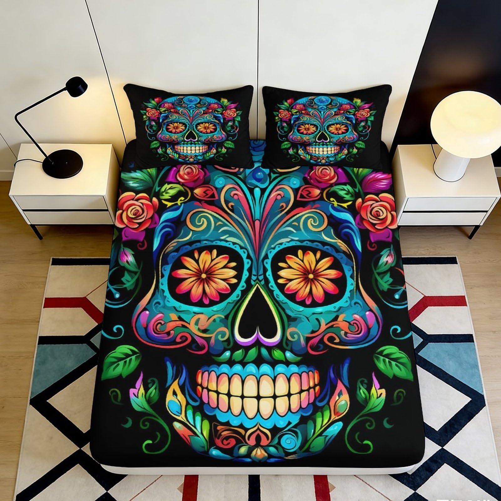 Jqzkxnhpbr Style-3 3D Printed Colorful Sugar Skull Fitted Sheet Microfiber Soft Breathable Floral Bed Cover For Bedroom Dorm Decor 90X200x25cm
