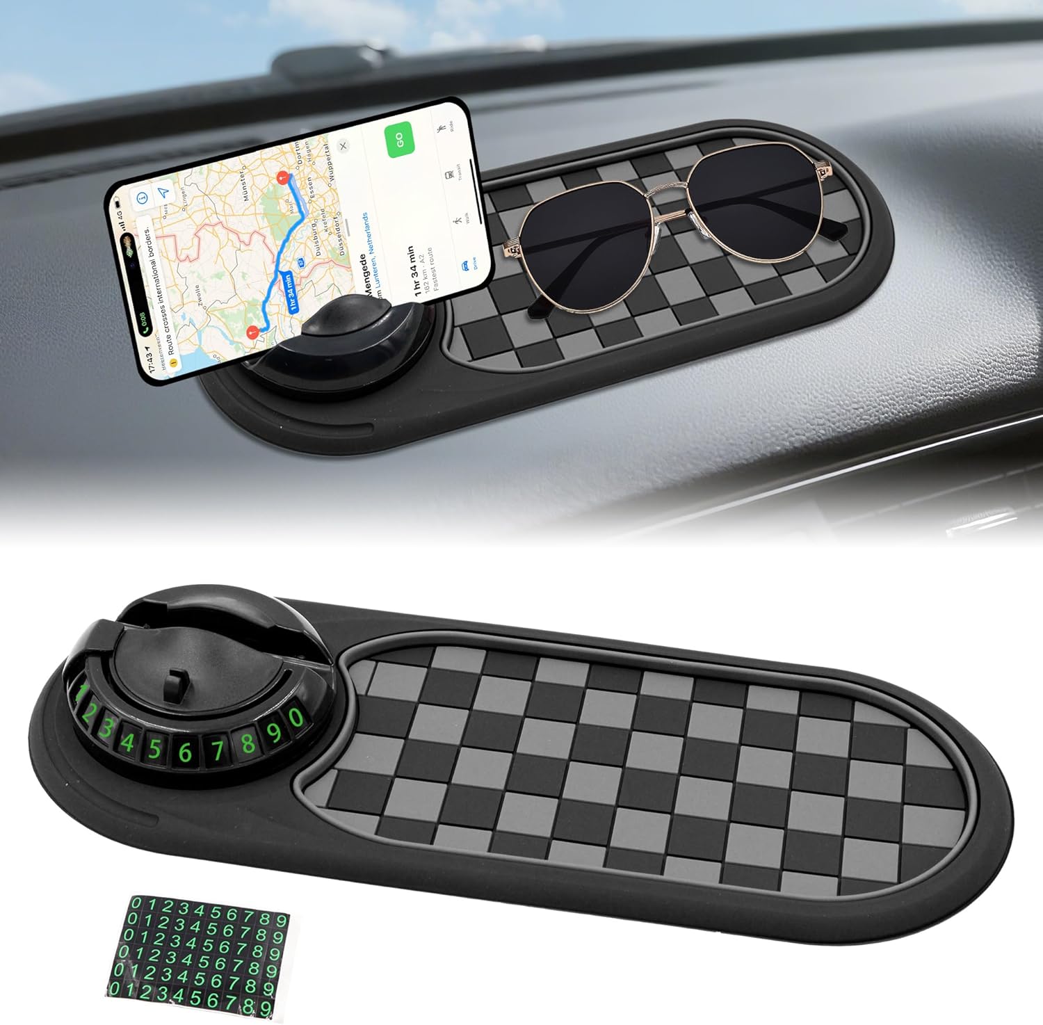 Multifunction Car Anti-Slip Mat Auto Phone Holder, Rotatable Car Anti Slip Mat Phone Holder with Temporary Parking Number, Universal Dashboard Sticky Pad for Glasses Keys (Black)