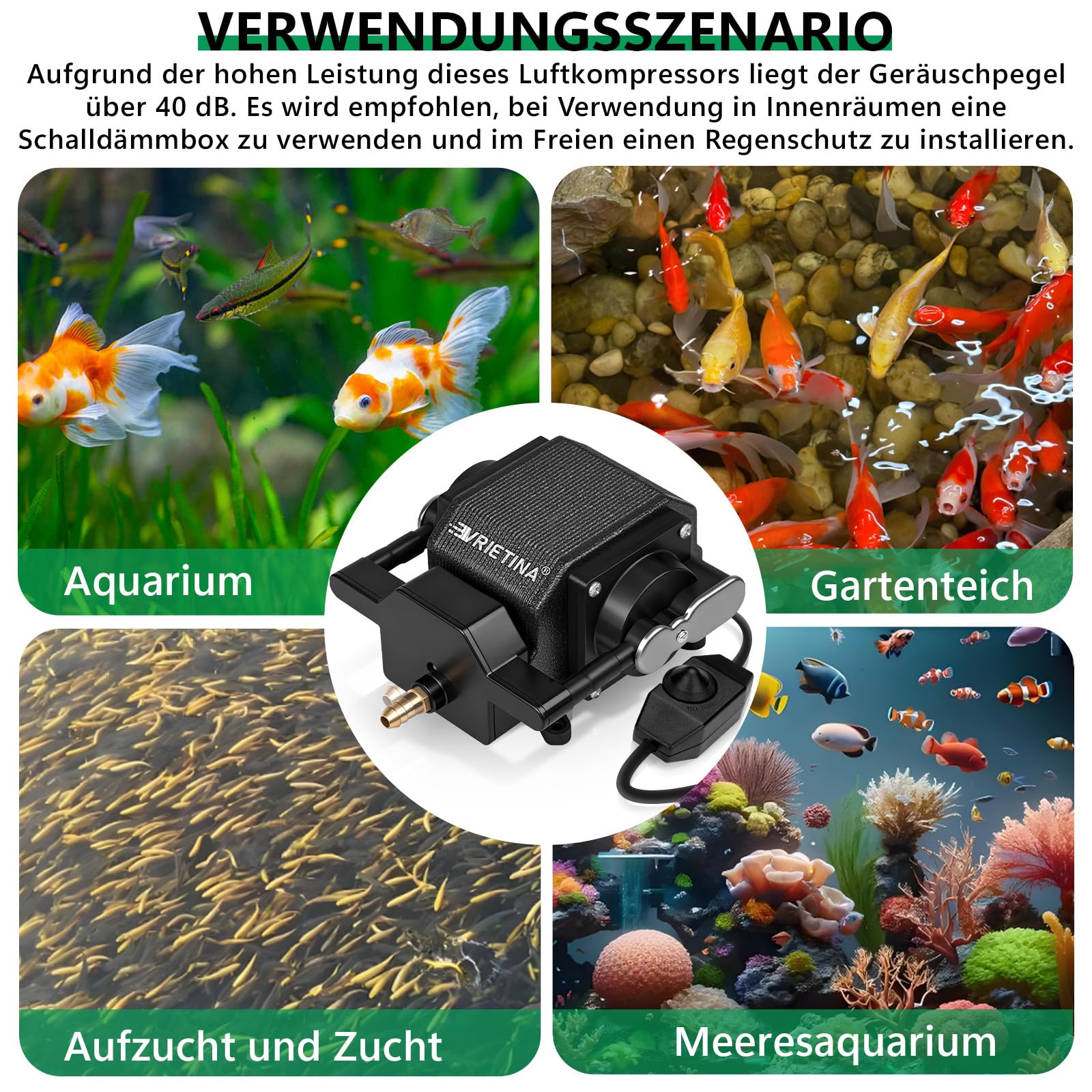 Bomba de aire para acuario de 40 W con motor de cobre de doble canal, carcasa de aluminio, potente aireador de estanque, capacidad máxima de 72 m3, caudal de 80 l/min, ideal para grandes acuarios y