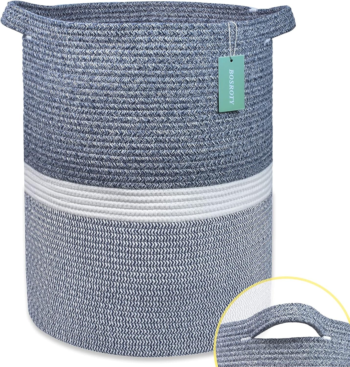 Large Blanket Basket, Nursery Hamper, Tall Laundry Basket 72L, Cotton Rope Woven Laundry Hamper for Storage Toys Clothes Towels, 16”x 22”, Blend Navy Blue & White