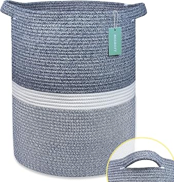 Cotton Rope Blanket Basket, 72L Laundry Hamper, Navy Blue &White