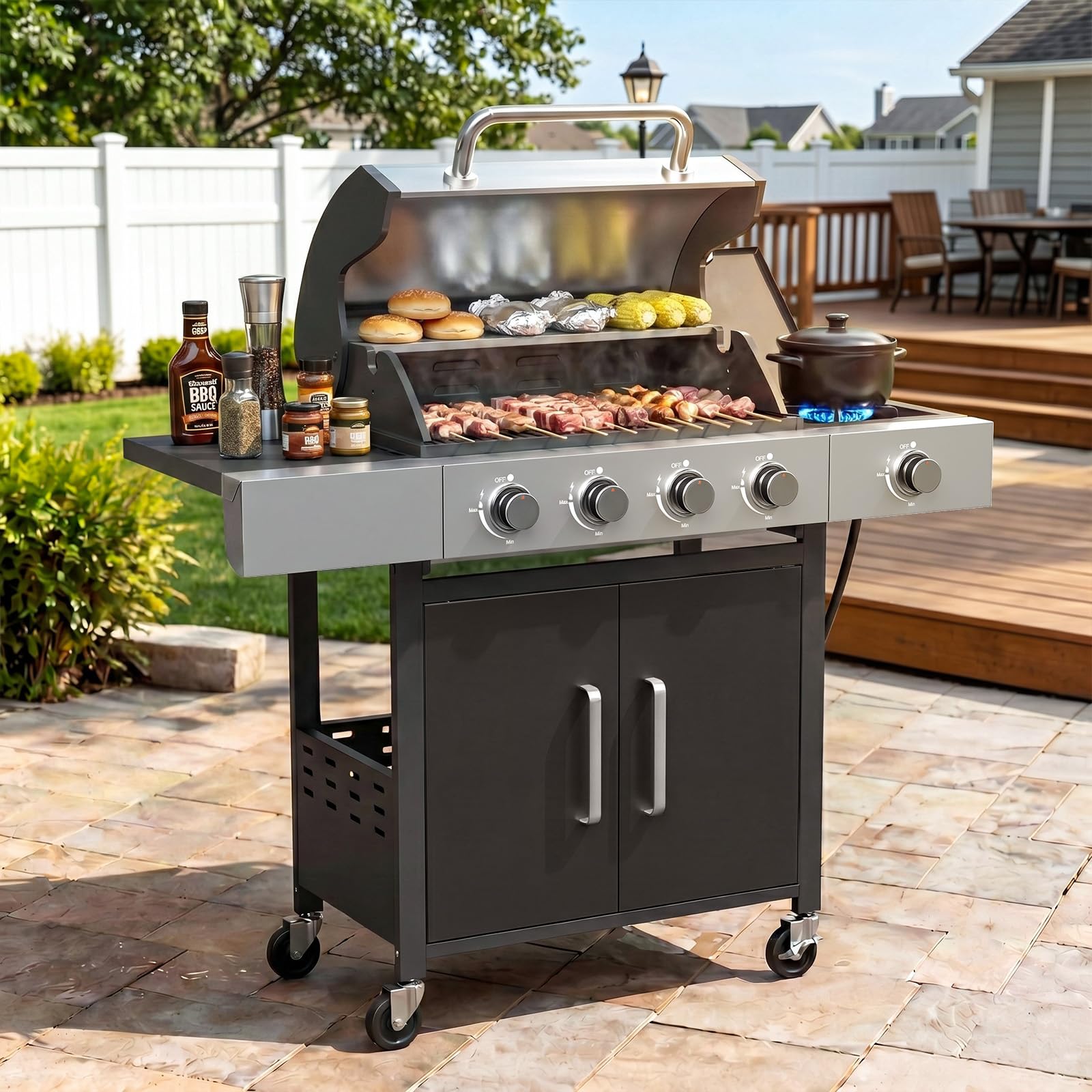 Aoxun Outdoor Garden Gas Barbecue Cart, 4+1 Burner Gas Grill Including Side Burner, Warming Shelf, Side Worktop, Lockable Storage Compartment & Brake Casters, Perfect for Patio, Backyard, With hooks