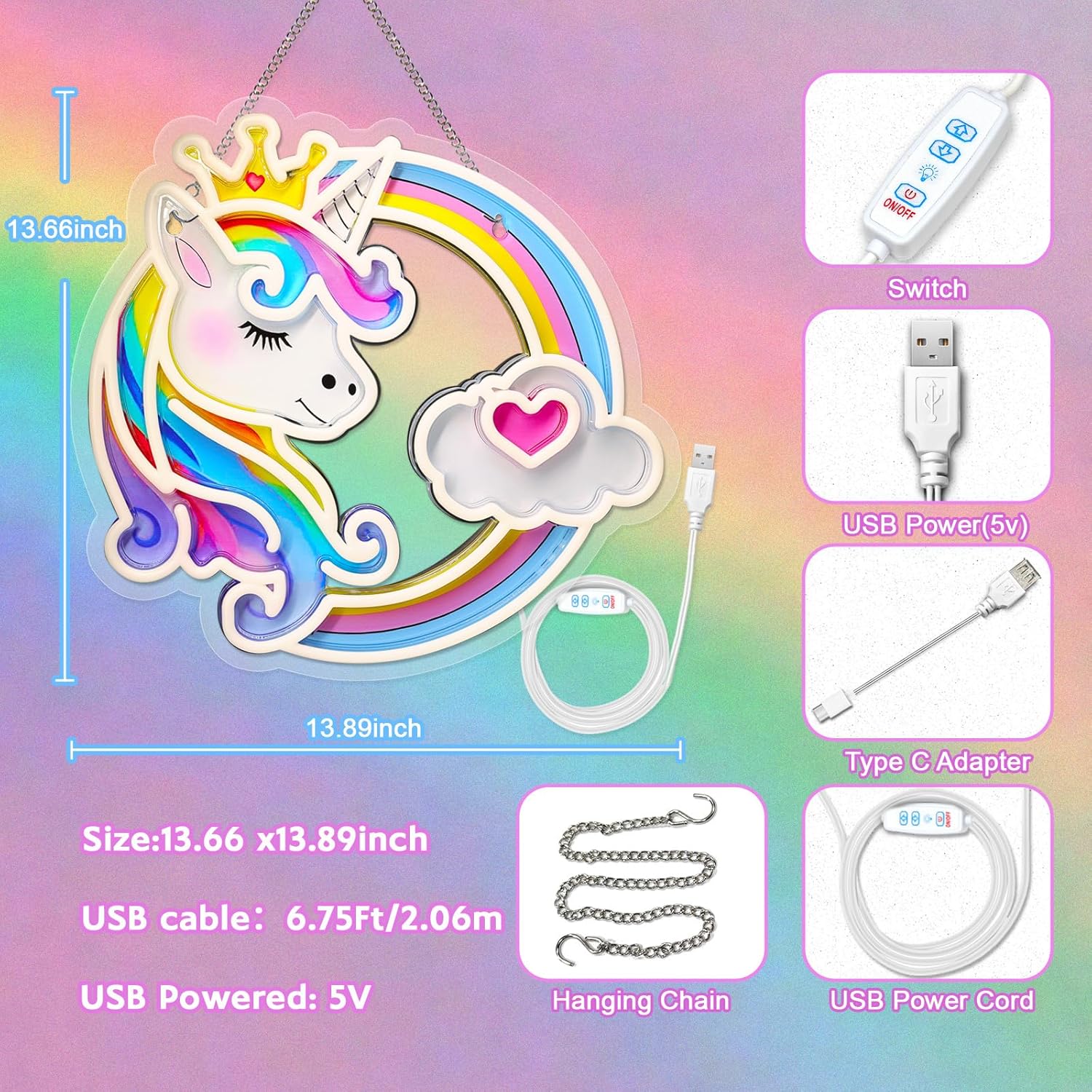 Unicorn Neon Sign for Wall Decor,10 Adjustable Dimmable Colorful Rainbow Unicorn Neon Lights for Girls Room,USB Powered Unicorn Led Signs for Bedroom Kids, Unicorn Lights Gifts for Christmas Birthday - Image 4