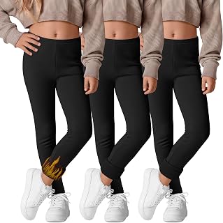 3 Pack Girls' Fleece Lined Leggings Thermal Pants | for Kids 5-14 Years, Lightweight Fleece Pants, Fall Warm Pants, Elastic Waist Full Length Tights Outfit, Winter Layer Clothes