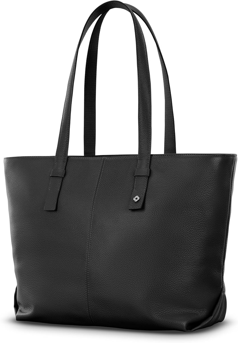 Mobile Solutions 2 Leather Tote, Stylish Women’s Laptop and Work Bag with StackIt Strap, Padded Laptop Sleeve, Interior Organizer & Protective Feet, Soft Pebbled Leather - Black