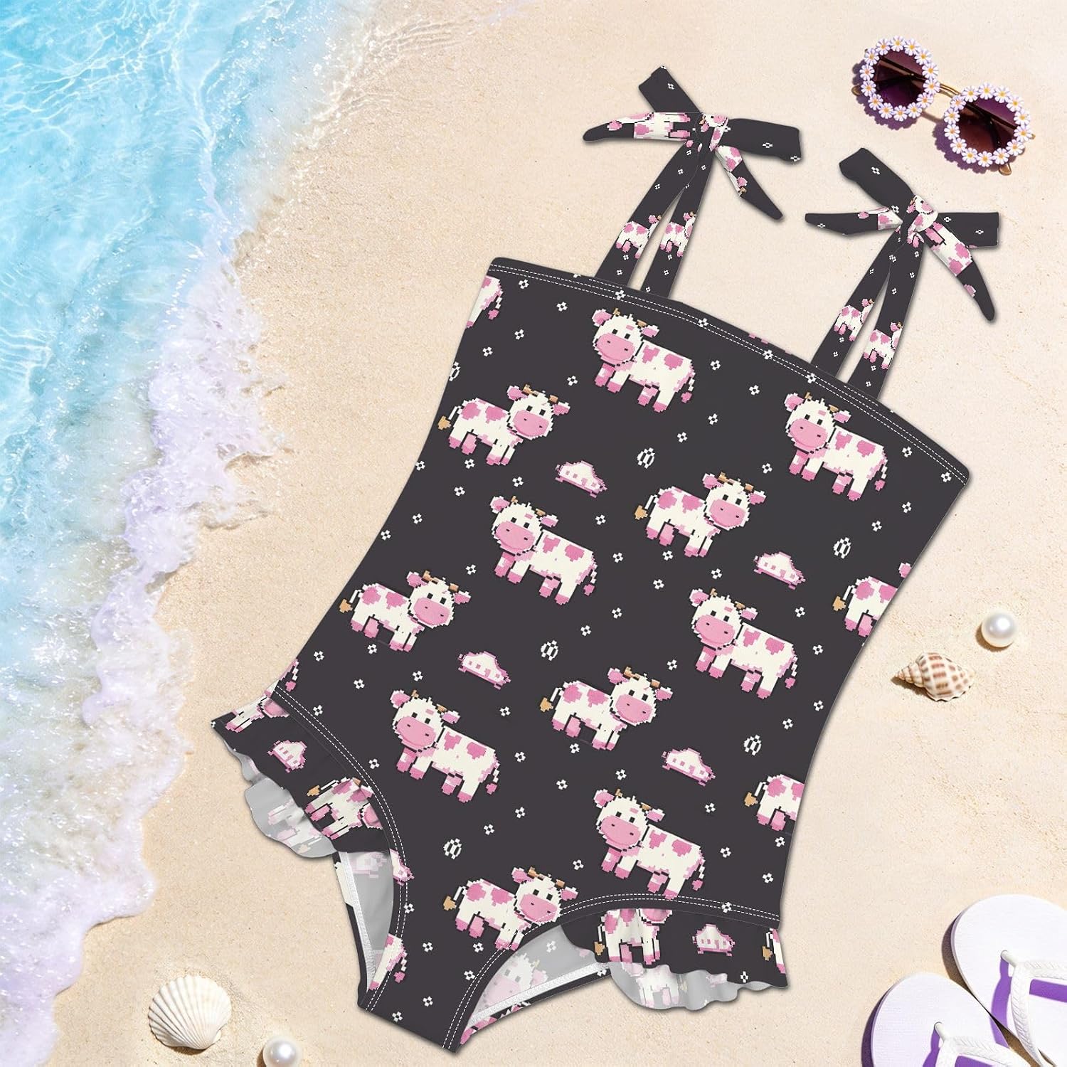 visesunny Toddler Girl Swimsuit Adjustable Strap Swimwear Pixel Pink Cow Bathing Suits for Girls 18M-6Y