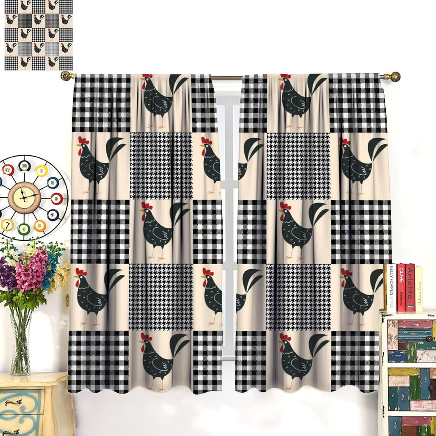 Chicken Kitchen Curtains, Black and White Checkers Grid Morden Farmhouse Farm Animals Window Treatments for Bedroom Kitchen Living Room Cafe Drapes Rod Pocket 2 Panels 72x63 Inch