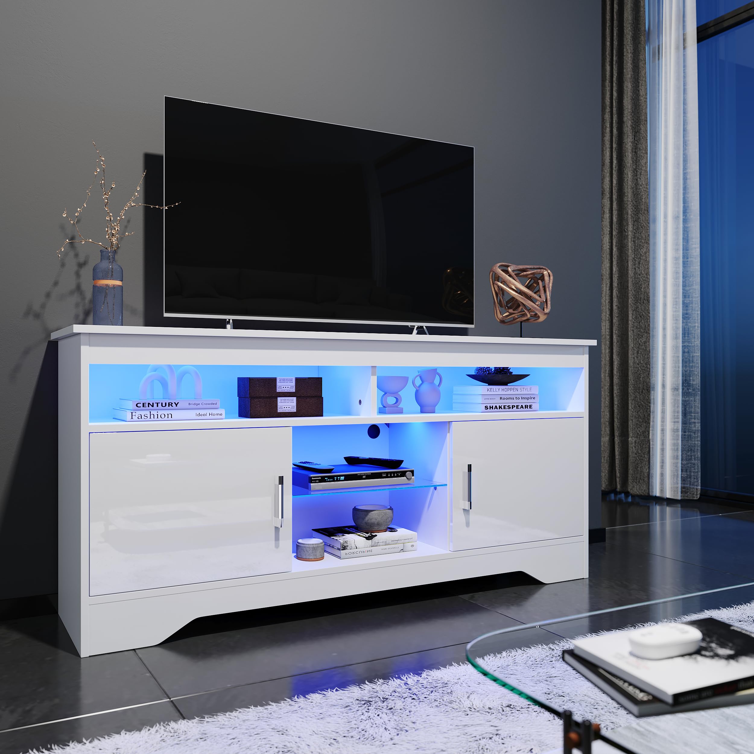 ELEGANT 1350mm Modern High Gloss TV Stand Cabinet with Ambient Light for 22"-55" Flat Screen 4k TVs/LED Light TV Cabinet with Shelves and Cabinets for Living Room Bedroom, White — image 1