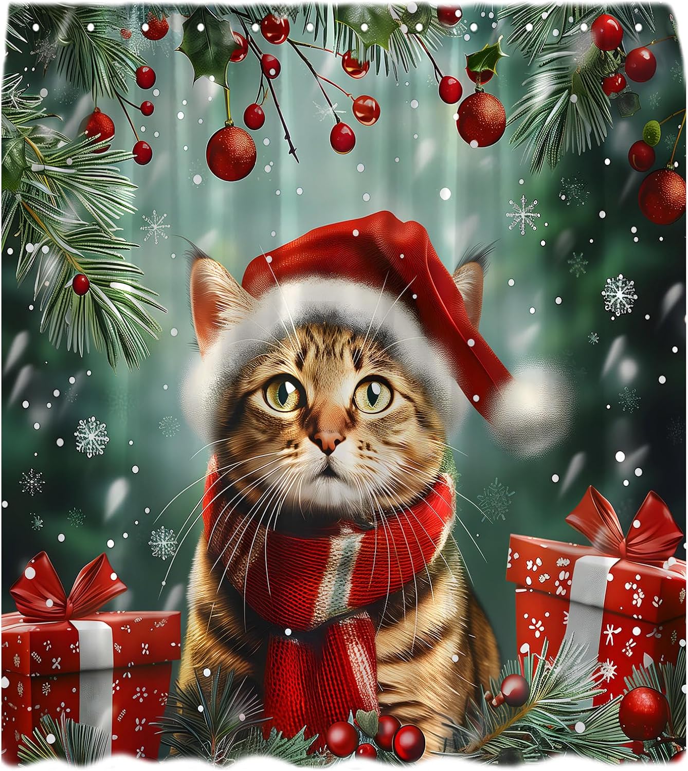 UPUMKSK Christmas Shower Curtain Cute Cat Red Xmas Ball
