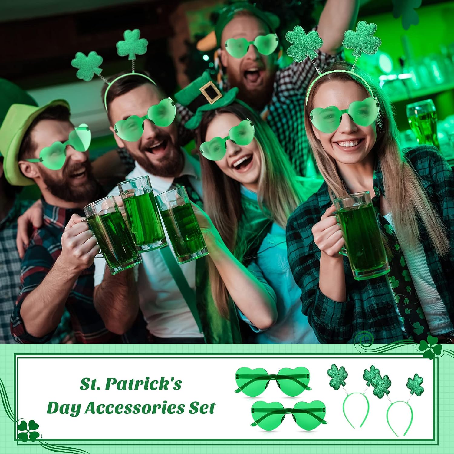 Jutom St. Patrick's Day Headbands Glasses Set Green St Patricks Day Party Favors Love Eyewear Photo Booth Props Accessories