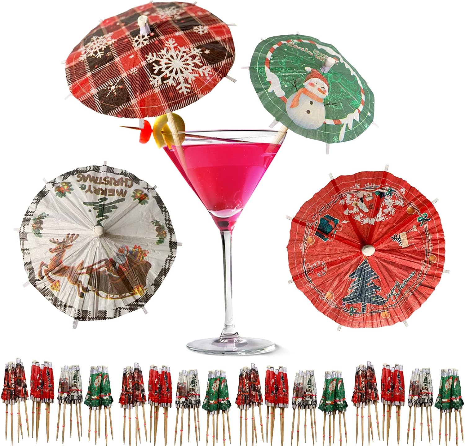 200 PCS Christmas Drink Umbrellas Cocktail Picks Decor