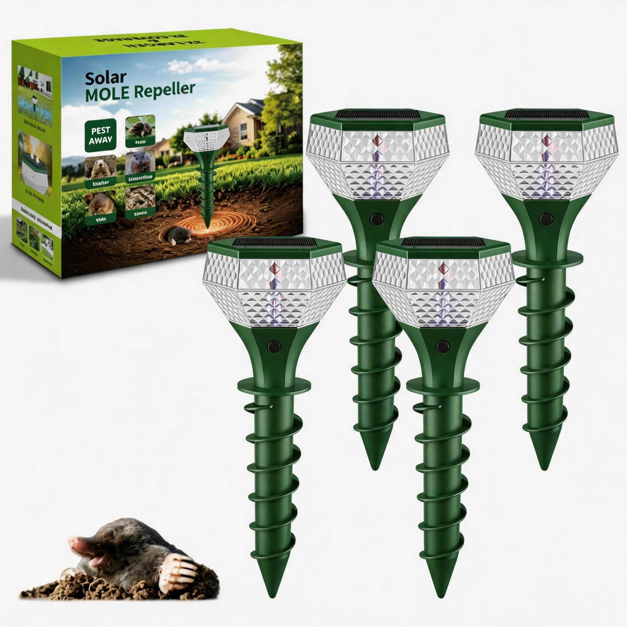 Photo 1 of JLMEH Solar Mole Repellent, 3X Coverage, Vibration & Ultrasonic, Color LED