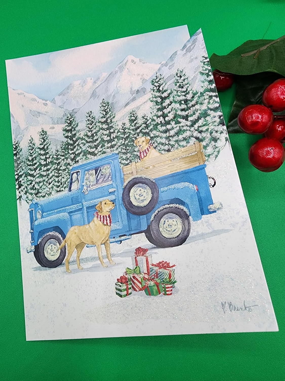Performing Arts Premium Dog Christmas Greeting Cards - Blue Vintage Truck With Yellow Labrador Dogs On Holiday Journey - Pack of 12 Die Cut Boxed Stationary Cards Set With Envelopes - Made In USA