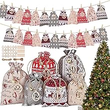 MHwan Empty Advent Calendar, 24 Pieces Advent Calendar to Fill in Jute, Beautiful and Exquisite Advent Calendar Bags to Fill with Wooden Numbers, Wooden Clips and Twine