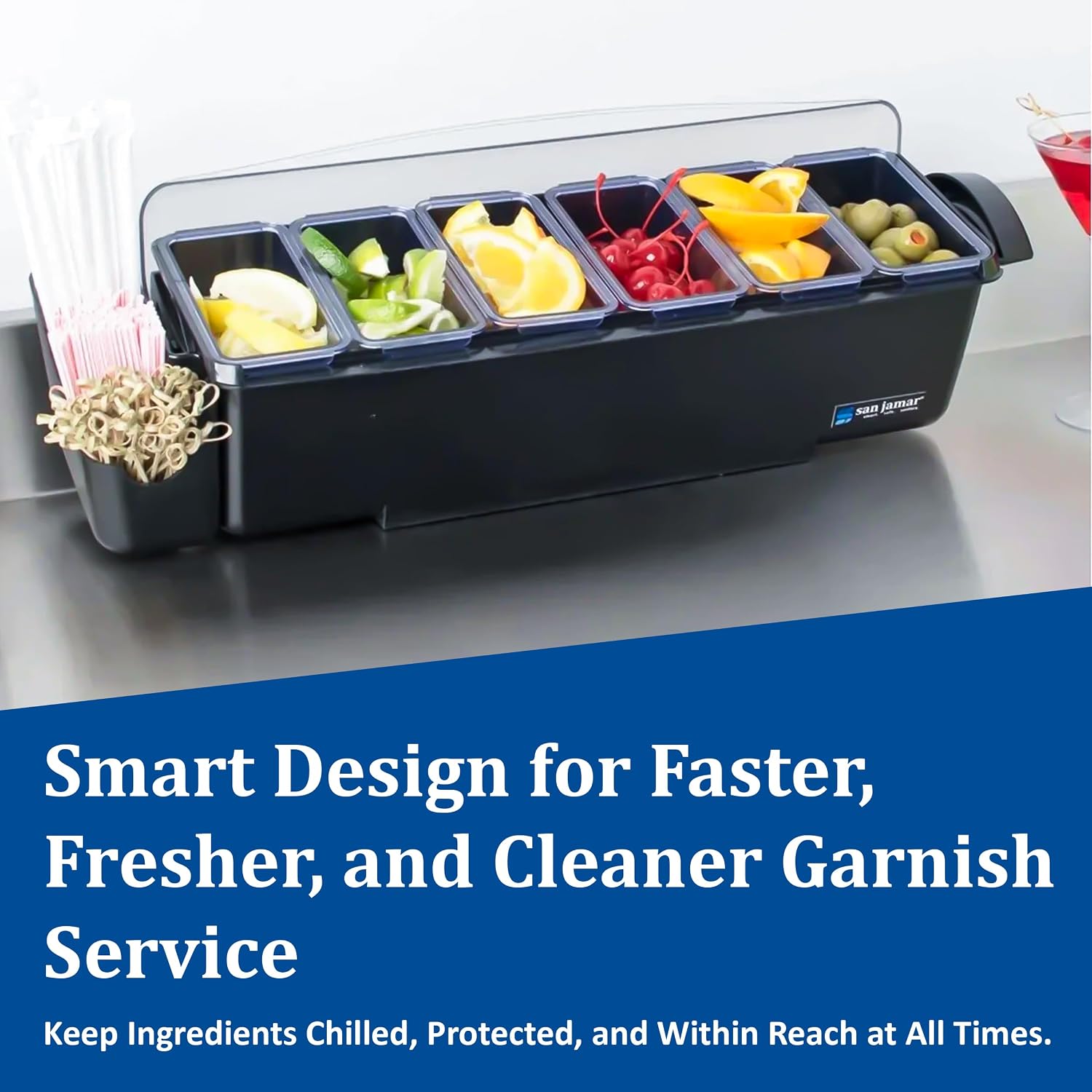 San Jamar Dome Garnish Center 5 Tray with Caddies for Kitchen, Bar, And Restaurants, Plastic, 9 Pints, Black