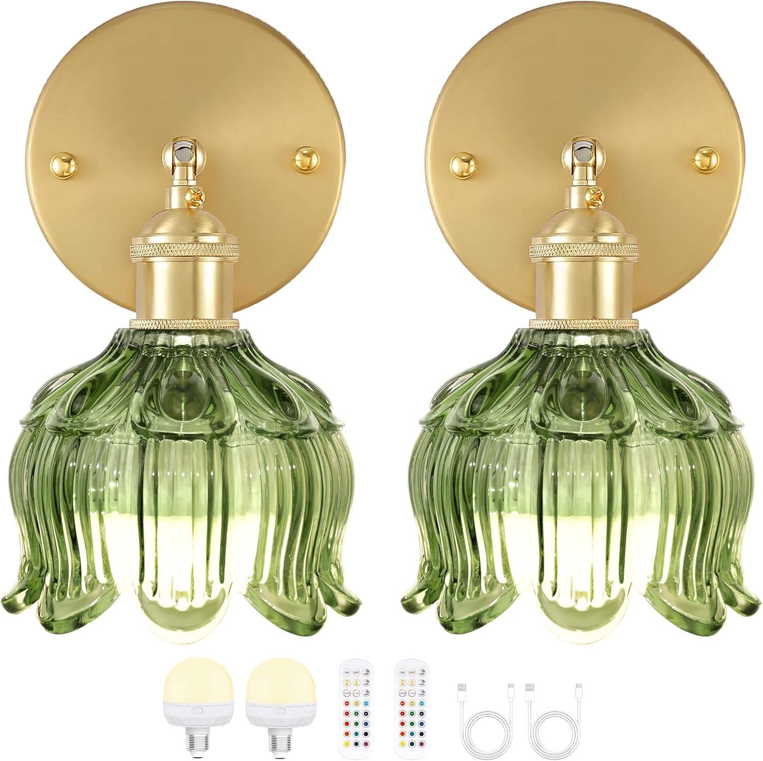 Vintage Battery Operated Wall Sconce with Remote Control,Wall Lamp with Flower lampshade,Rechargeable Battery Powered Wall Lights with 15 Colors for Beside Bedroom Living Room Doorway,Set of 2