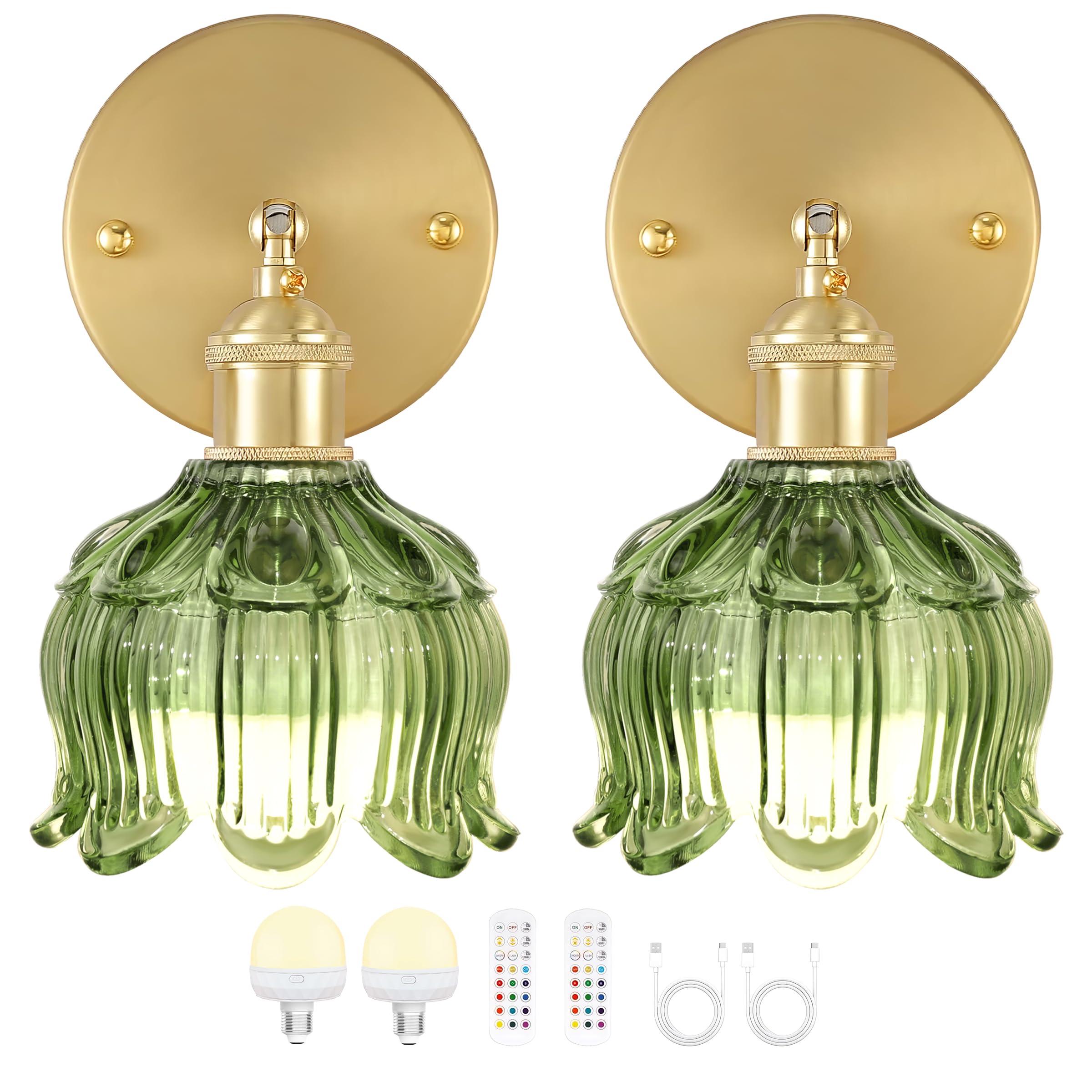 Vintage Battery Operated Wall Sconce with Remote Control,Wall Lamp with Flower lampshade,Rechargeable Battery Powered Wall Lights with 15 Colors for Beside Bedroom Living Room Doorway,Set of 2